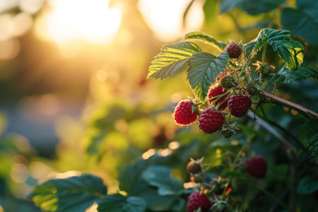 Sunlit raspberries in the golden hour, ripe and ready for harvest among green leaves.の素材