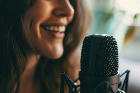 Close-up of a podcaster face speaking into a mic with modern podcast recording studio setting.の素材
