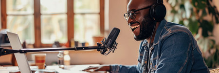 African American man laughing while podcasting in room with a microphone and laptop.の素材