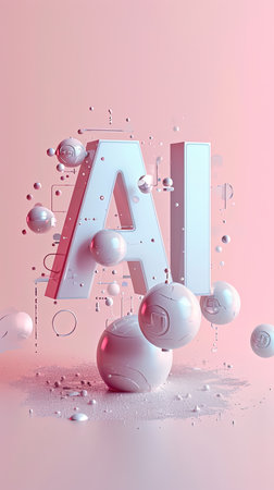 3D AI letters amidst floating spheres on pink background, modern digital art and technologyの素材