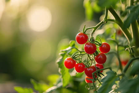 Cherry tomatoes ripening on the vine, bathed in soft sunlight amidst green foliage.の素材