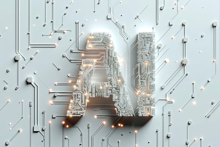 AI lettering in intricate circuit board, complexity of technology and information processing.の素材