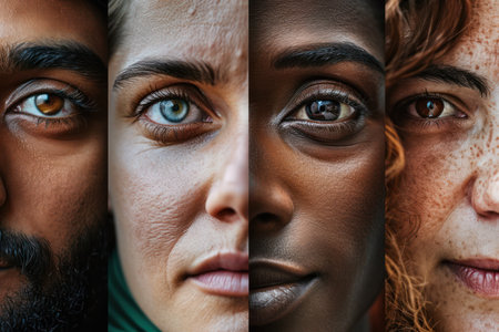 Close-up collage of human eyes, racial diversity and beauty in uniqueness of individualsの素材