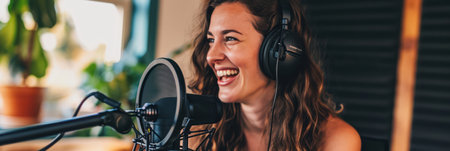 Cheerful female podcaster recording with a professional microphone in home studio, vibrant plantsの素材