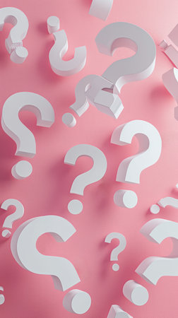 Array of white question marks casting soft shadows on a pastel pink backdrop, search and mystery.の素材