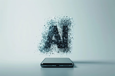 AI letters disintegrating into particles above smartphone, digital data and technology evolution.の素材
