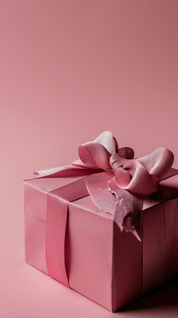 Elegant pink gift box with a textured ribbon on a matching pink background, soft lighting.の素材