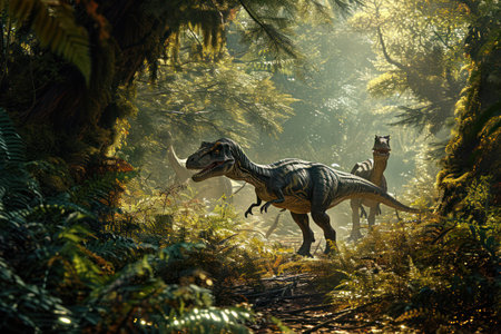 pair of Ceratosaurus navigating through misty Jurassic forest, with light filtering through treesの素材