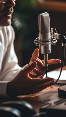 podcast recording session with male host, focus on microphone and hands, warm indoor lighting.の素材