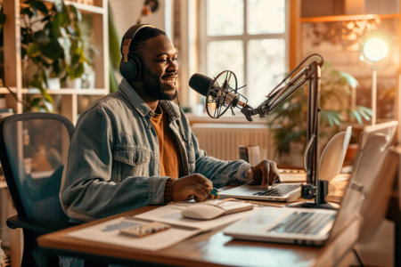 Smiling African American podcaster recording with microphone and headphones in a cozy home studio.の素材