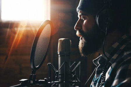 Man in beanie podcasting with studio microphone and pop filter, warm sunlight streamingの素材
