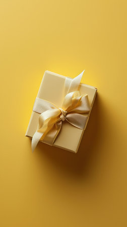 Classy white gift box adorned with a delicate yellow ribbon, against a vibrant yellow background.の素材