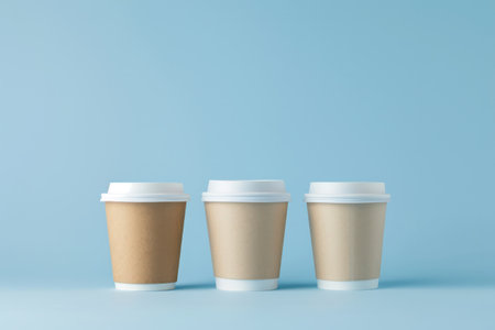 Three blank coffee cups with cardboard sleeves, neatly aligned on blue.の素材