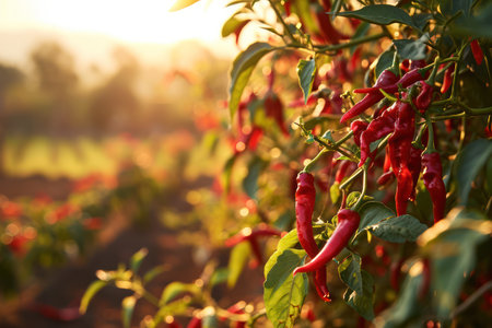 Fiery red chili peppers basking in the warm sunset light on a spice farm.の素材