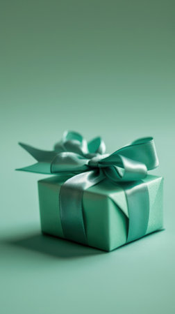Modern gift packaging with a teal ribbon, against greenish backdrop, casting a delicate shadow.の素材
