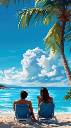 Illustration of a couple on beach chairs under palm trees, facing a calm sea and fluffy clouds.の素材