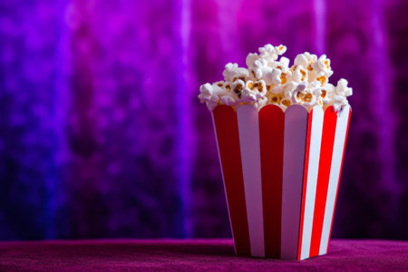 Classic popcorn box against a dramatic purple backdrop , evoking a cozy movie night atmosphere.の素材
