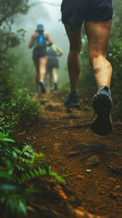 Runners on misty trail, close-up of shoes on rugged terrain in a forest run.の素材