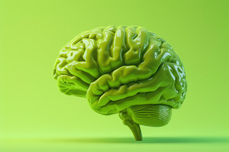 Vivid green human brain illustration on a gradient backdrop, depicting neural complexity.の素材