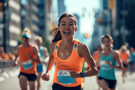 Smiling Asian woman running in an urban marathon with runners in background.の素材