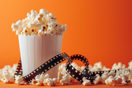 Crisp white popcorn overflows from bucket with film reel, orange background movie night setup,の素材