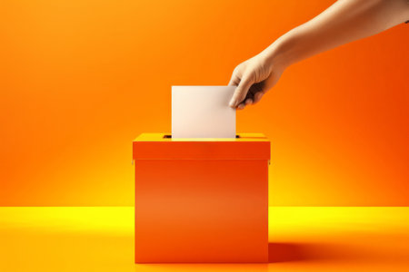 Vibrant orange backdrop with hand casting ballot into modern box, focus on voting.の素材