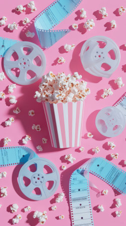 Suspended popcorn and movie tickets with film reels on a playful pink cinema-themed background.の素材