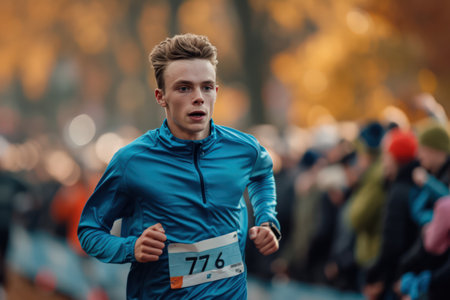 Young male runner in action with a focused expression during a competitive race.の素材