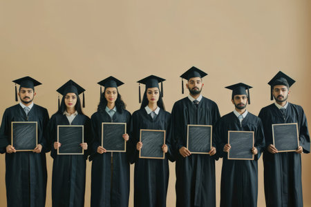 Serious graduates chalk boards in black gowns, uniformity and academic success.の素材