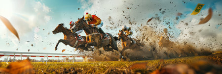 horse racing action as jockeys push for victory, flinging turf with betting tickets flying.の素材