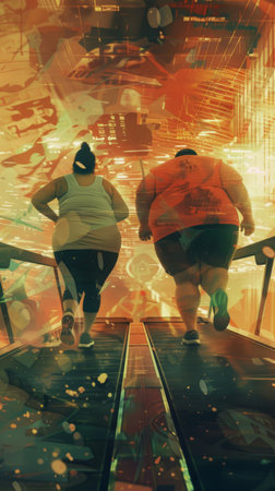 Two individuals exercising on treadmills in a contemporary, dynamic environment. Fitness and health concept.の素材