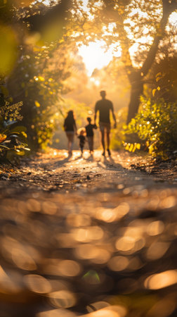 Silhouetted family on a sunset hike. The active lifestyle as a key factor in combating obesity.の素材