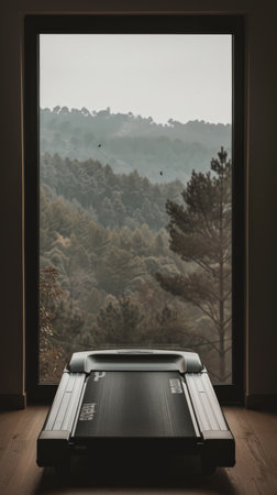 A treadmill set against a backdrop of a misty forest seen through a large window. Integrating nature with fitness regime.の素材