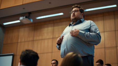 Plus-size man delivering a presentation, exemplifying leadership and confidence in a professional setting.の素材