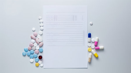 Assorted pharmaceuticals arranged around a blank prescription form, focus on healthcare.の素材