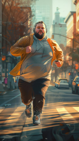 Vibrant illustration of man running through urban landscape, symbolizing fight against obesity.の素材