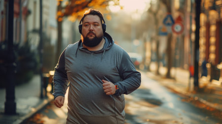 Focused man running in morning light, city backdrop enhances active lifestyle. Determination against obesity challenges.の素材