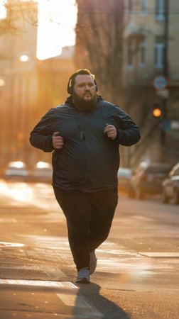 Morning jog in sunlight, man challenges obesity with regular exercise. Golden hour enhances the serene scene.の素材