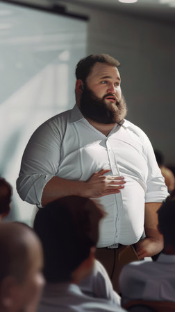 Plus-size professional leading a discussion in a corporate seminar, highlighting leadership and communication skills.の素材