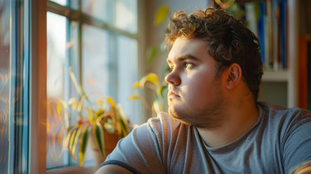 Overweight young adult man gazing thoughtfully out the window, reflecting on his personal health challenges.の素材
