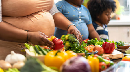 African American family preparing healthy meals together in kitchen. Focus on obesity prevention through diet.の素材