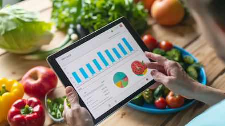 Using a tablet to analyze diet and nutrition data, with fresh produce in the background.の素材