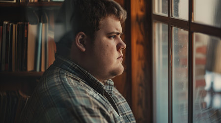 Overweight man at home looking out the window, contemplating life and personal growth in a tranquil setting.の素材