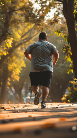 Man jogging through a scenic park at sunrise, depicting effort and commitment to health.の素材