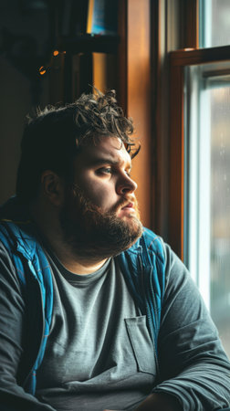 Young overweight man reflecting by the window, contemplating lifestyle changes for better healthの素材