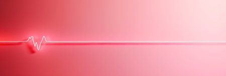 A minimalistic red heart pulse line on a pink background, representing medical and healthcare themes with simplicity and elegance.の素材