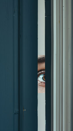 View of an eye through a crack in a dark blue door, representing vigilance and caution.の素材