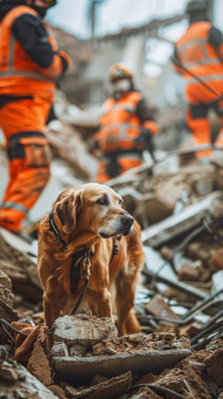 Golden retriever search dog in earthquake-damaged locale. Significance of animal assistance in search operations.の素材