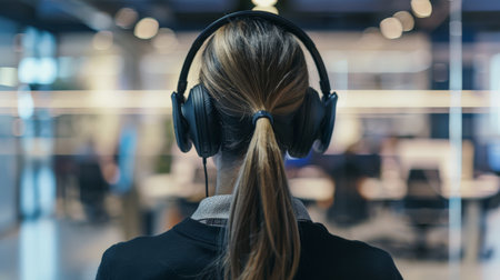 Woman with headphones seen from behind working in a modern office. Focus and concentration.の素材