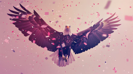 Soaring American eagle surrounded by festive confetti on a gradient background. Represents freedom and national pride.の素材